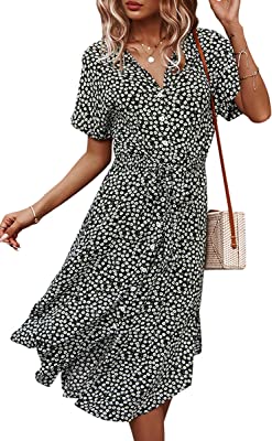 Photo 1 of Angashion Women Dresses Casual Short Sleeves Floral Print Button Down V Neck Summer Boho Midi Dress SIZE M****