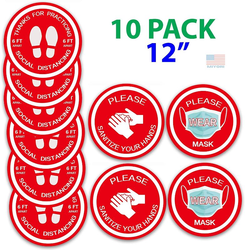 Photo 1 of -Floor Markers for Social distancing-Signs for Businesses-Maintain 6 Foot Distance-Anti-Slip,Commercial Grade Round,Sanitize Hands, Wear Mask,Temperature Check Floor Decals Red Stickers
