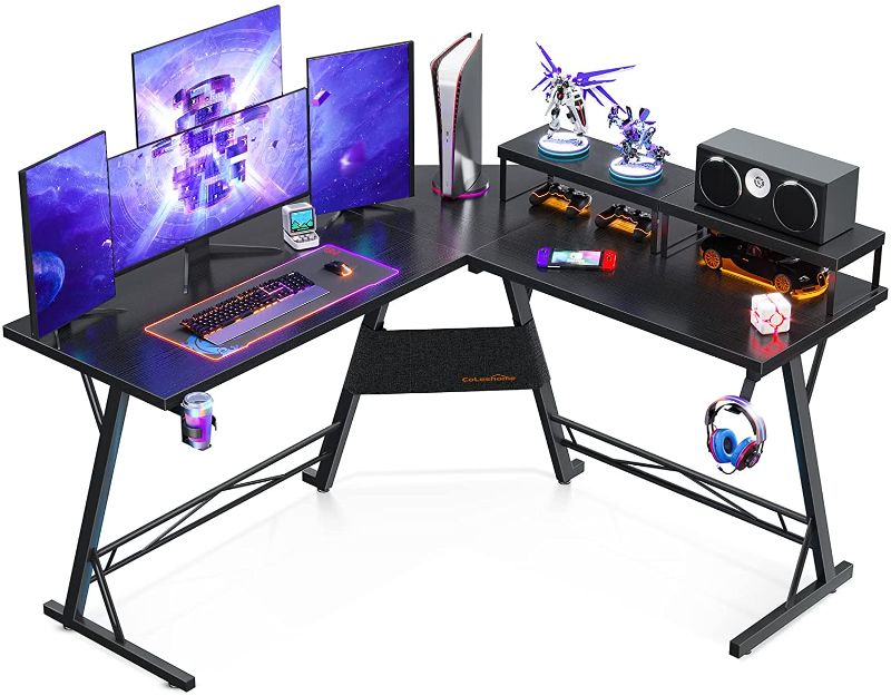 Photo 1 of Coleshome Computer Desk L Shaped Gaming Desk, 51'' Computer Corner Desk with 2 Monitor Stands, Home Office Desk with Hook and Cup Holder, Space Saving, Easy Assembly
