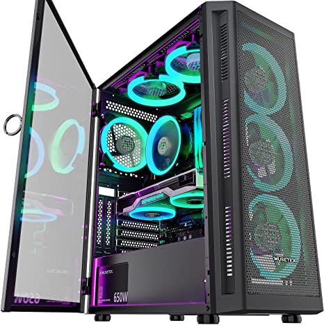 Photo 1 of MUSETEX Mid-Tower ATX PC Case with 6pcs 120mm ARGB Fans, Mesh Computer Gaming Case, Opening Tempered Glass Side Panels, USB 3.0 x 2, Black, TW8-S6-B
