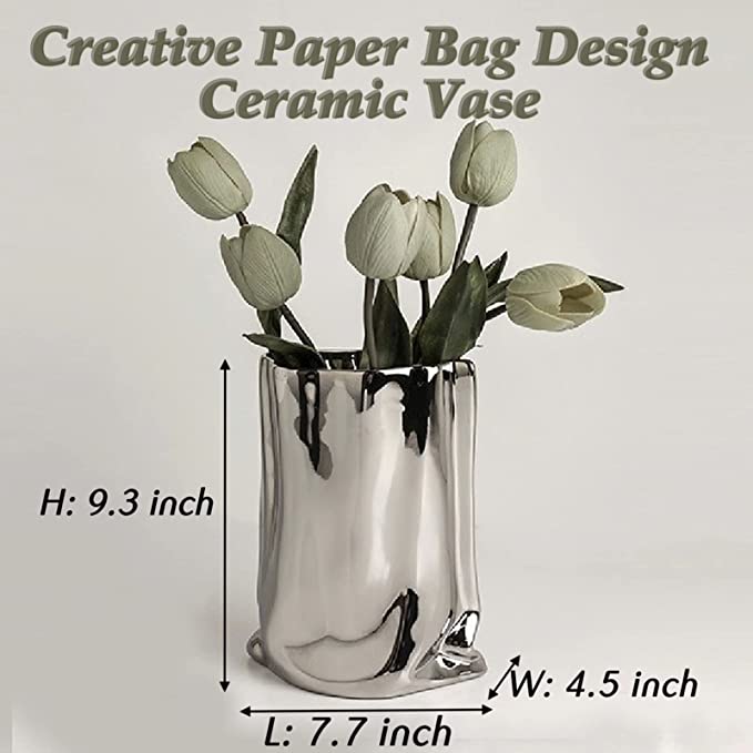 Photo 1 of BLOFLO Silver Ceramic Modern Vase Crinkle Fold Paper Bag Handmade Ceramic Vase, Creative Flower Arrangement Ornaments, Decorative Vases for Home Decor, Mantel, Living Room Decoration (Silver)
