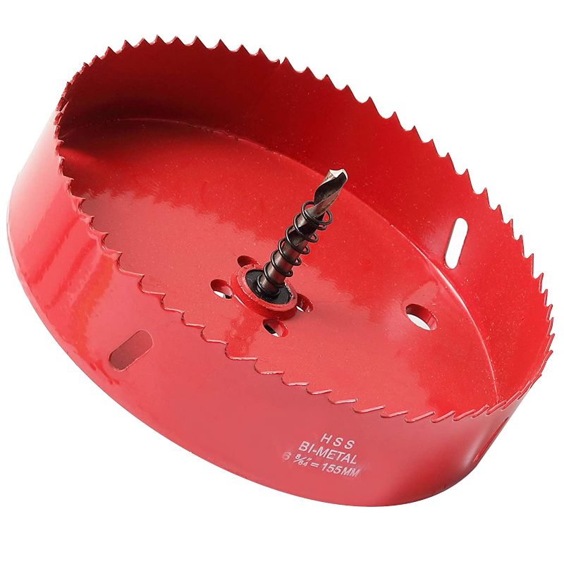 Photo 1 of 215MM/ 8.5INCH Inch HSS BI-Metal Hole Saw, Cutting Depth Hole Cutter with Hex Shank Drill Bit Adapter for Wood Cornhole Boards Plastic Drywall Fiberboard Can Light Recessed Light, Red
