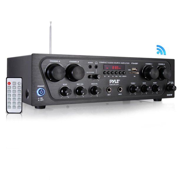 Photo 1 of Pyle PTA42BT - Compact Home Audio Amplifier, 4-Ch. Audio Source Stereo Receiver System with FM Radio, MP3/USB/SD/AUX Playback (500 Watt)
