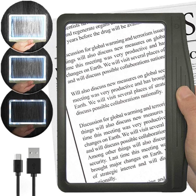 Photo 1 of [Rechargeable] 3X Large Ultra Bright LED Page Magnifier with 12 Anti-Glare Dimmable LEDs (More Evenly Lit Viewing Area & Relieve Eye Strain)-Ideal for Reading Small Prints & Low Vision
