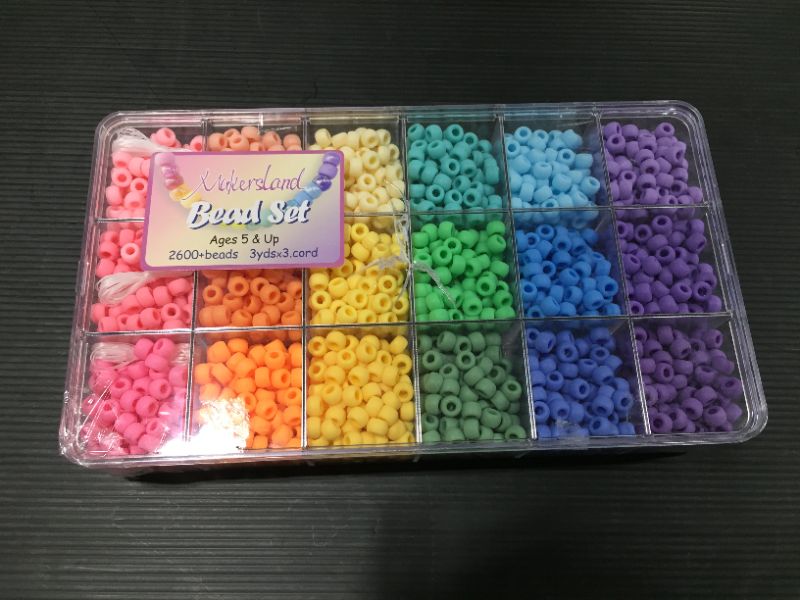 Photo 2 of 2600+pcs Pony Beads Kit Opaque Matte Rainbow Plastic Craft Multicolor Pony Beads in 18 Colors with Elastic String and Storage Box for Hair Braiding DIY Bracelet Necklace Key Chain and Jewelry Making
