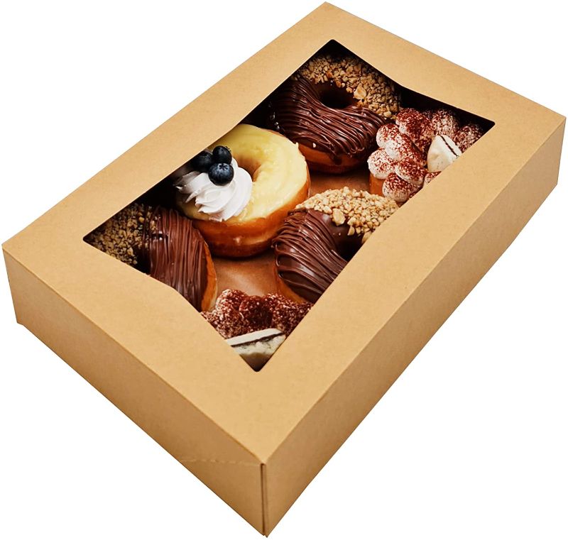 Photo 1 of BAKELUV 12x8x2.5” Brown Bakery Boxes with Window | 25 Pack | Pastry Boxes, Donut Boxes, Dessert Boxes, Rectangle Bakery Boxes, Long Bakery Boxes, Cookie Boxes, Donut Boxes | Breakable Hearts, Brownies, Treats
