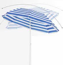 Photo 1 of VOUA 6.5ft Stripe Beach Umbrella with Sand Anchor & Push Button Tilt Portable Patio Sunshade Umbrella Outdoor Umbrella with Carry Bag UV Protection for Patio Garden Beach Pool Backyard, Blue and White
