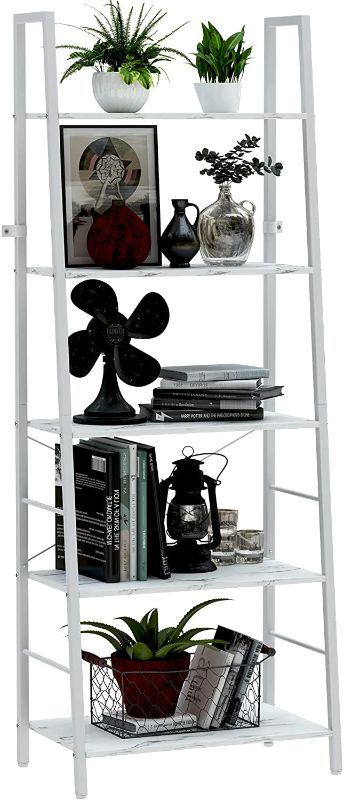 Photo 1 of Yusong Ladder Shelf,Industrial 5-Tier Bookshelf,Free Standing Bookcase,Utility Organizer Shelves for Plant Flower ,Wood Look Accent Furniture with Metal Frame for Home Office, White
