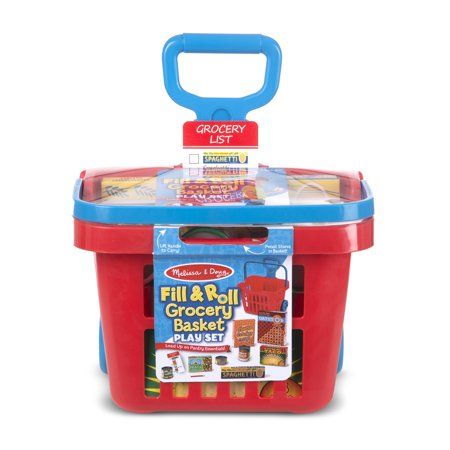 Photo 1 of Melissa & Doug Fill and Roll Grocery Basket Play Set with Play Food Boxes and Cans (11 Pcs)
