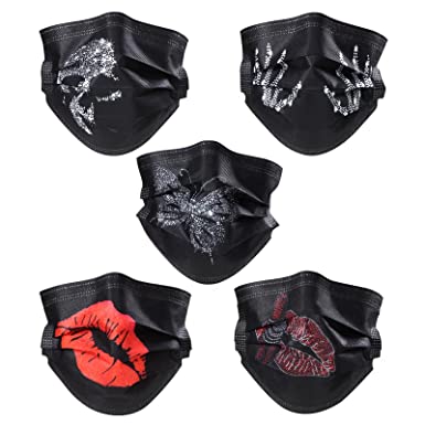 Photo 1 of Disposable Face Masks - 100Pcs, Black Masks with Designs, Skull and Bones Prints Women Face Masks, Red Lips Disposable Masks for Women
