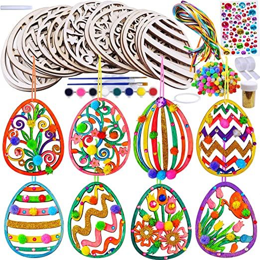 Photo 1 of 32 Sets Wooden Easter Ornaments Decorations DIY Easter Craft Kits Assorted Paintable Unfinished Wood Laser Cut Easter Egg Ornaments Pom-poms for Kids Easter Spring Classroom Home Activity Art Project
