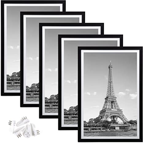 Photo 1 of 12x18 Picture Frame Set of 5,Display Pictures 11x17 with Mat or 12x18 Without Mat,Wall Gallery Photo Frames,Black