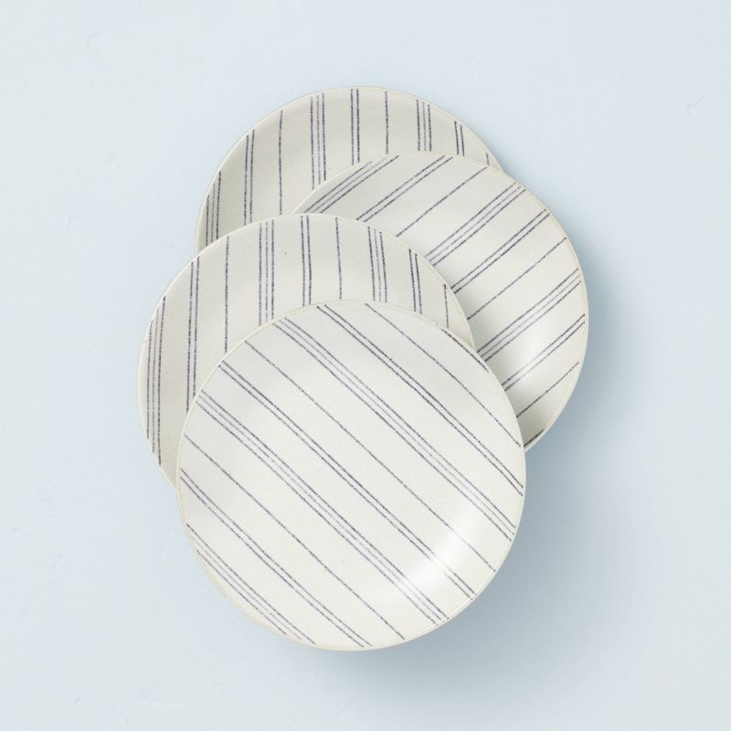 Photo 1 of 4pk Distressed Stripe Stoneware Appetizer Plate Set Blue/Sour Cream - Hearth & Hand™ with Magnolia
