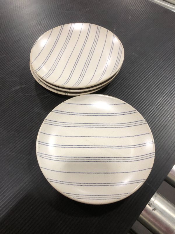 Photo 2 of 4pk Distressed Stripe Stoneware Appetizer Plate Set Blue/Sour Cream - Hearth & Hand™ with Magnolia
