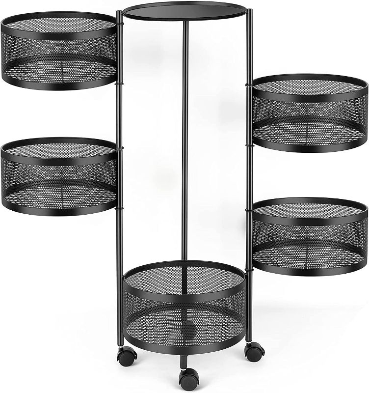 Photo 1 of 5-Tier Kitchen Rotating Storage Shelf Fruit and Vegetables Storage Swivel Tower Round Metal Basket Bathroom Kitchen Living Room Storage Rack Floor Standing Movable Shelf
