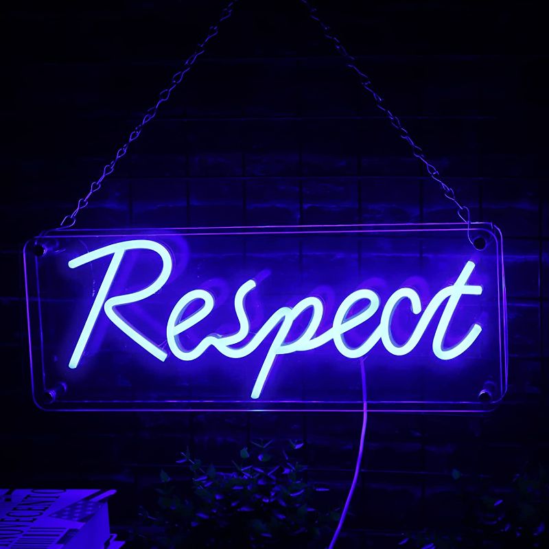 Photo 1 of XIYUNTE Respect Neon Sign, USB Powered LED Respect Letter Signs with on/off, Double-Layer Acrylic Blue Respect Box Sign with Metal Chain, Hip hop Culture Neon Signs, Respect Signs for LiveHouse, homie
