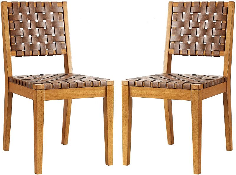 Photo 1 of Amazon Brand – Rivet Faux Leather Woven Dining Chair with Wood Frame, Set of 2, 18"W, Brown
