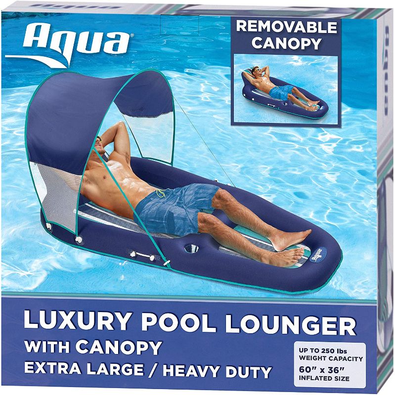 Photo 1 of Aqua Ultimate Pool Float Lounger with UPF 50 Canopy and Cupholder – Heavy Duty, Inflatable Pool Lounge for Adults – Navy/Aqua/White Stripe
