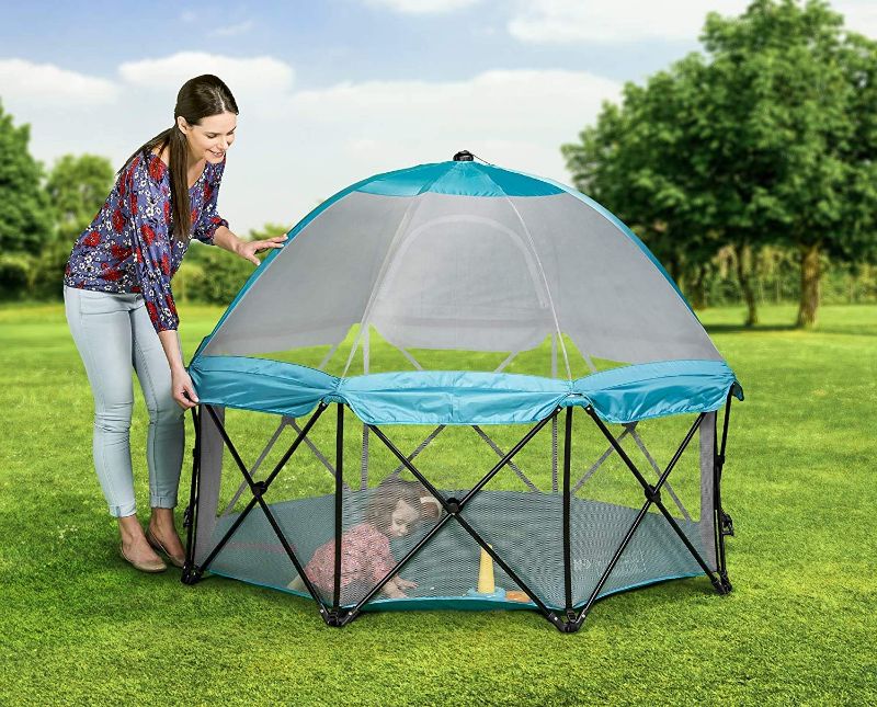 Photo 1 of Regalo My Play Deluxe Extra Large Portable Play Yard Indoor and Outdoor, Bonus Kit, Includes a Full Canopy, Washable, Teal, 8-Panel
