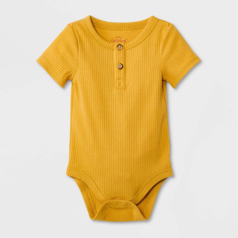 Photo 1 of Baby Boys' Rib Henley Short Sleeve Bodysuit - Cat & Jack™ Mustard Yellow
 (3 Shirt 3 Different Sizes - Shirt1 0-3M, Shirt2 3-6M, Shirt3 6-9M)