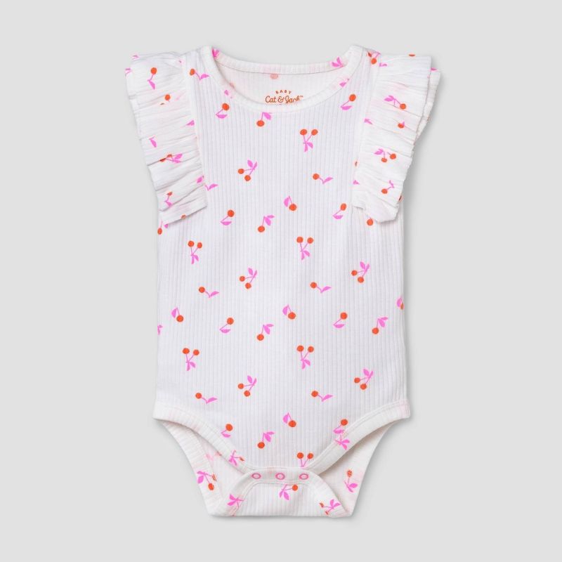 Photo 1 of Baby Girls' Cherry Rib Ruffle Bodysuit - Cat & Jack™ White (Size: 0-3M) Pack of 2