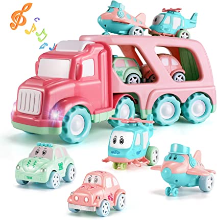 Photo 1 of TEMI Cartoon Vehicles Playset Transport Car Carrier Truck - 5 in 1 Macaron Friction Power Push and Go Toys for Boys Age 4-7, Christmas Kids Gift Girl Boy Toys Age 3 4 5 6 7 Year Old Boys
