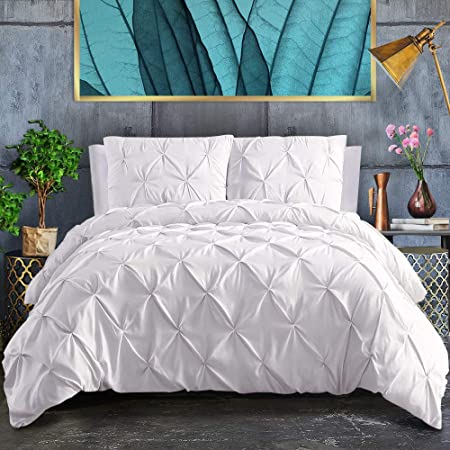 Photo 1 of 3 Piece Luxurious Pinch Pleated Duvet Cover with Zipper & Corner Ties 100% 120 g Microfiber Pintuck Duvet Cover Set(Full White)