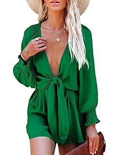 Photo 1 of AlvaQ Womens Ladies Summer Long Sleeve Tie Knot Front Sexy V Neck Elastic Waist Short Jumpsuits Rompers Playsuit with Pockets Green Medium