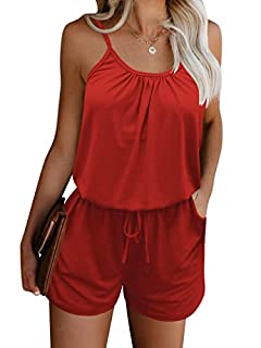 Photo 1 of Caracilia Womens Summer Casual Spaghetti Strap Beach Rompers Scoop Neck Cami Shorts Romper Jumpsuit with Pockets Red C32A0-xiuhong-XL
