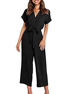 Photo 1 of ANRABESS Women's Short Sleeve V Neck Buttons Waist Belt Straight Wide Leg Cropped Jumpsuits Rompers with Pockets 544heise-XL