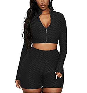 Photo 1 of Workout 2 Piece Outfits for Women, Sport Long Sleeve Crop Tops and High Waist Bodycon Yoga Shorts Set Tracksuit L