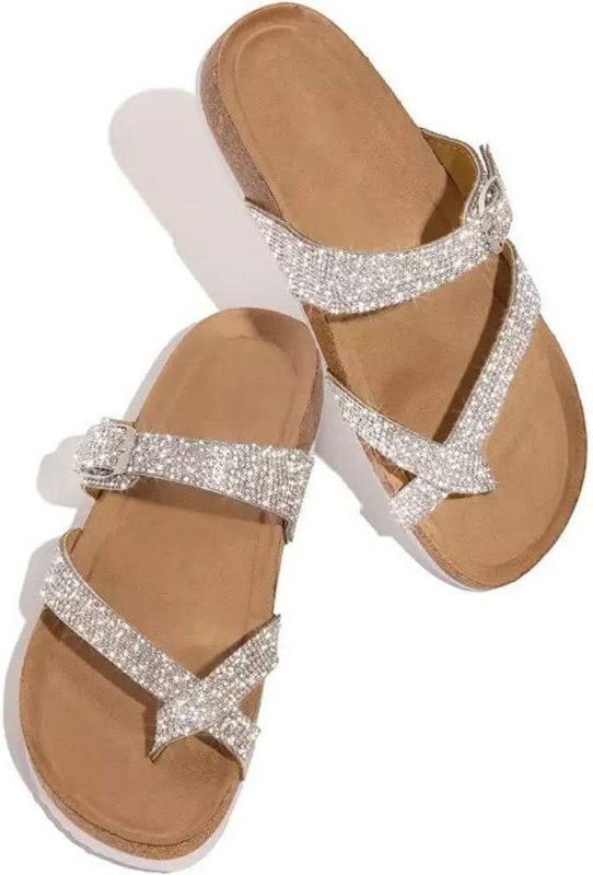 Photo 1 of Women Flat Sandals,Flip-Flop Flat Belt Buckle Strappy Open Toe Beach Shoe Rhinestones,Beach Open Toe Flip-Flop Flat Buckle Strap Sandal,Summer Open Toe
