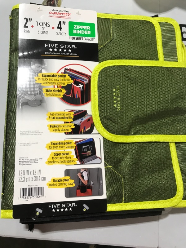Photo 1 of FIVE STAR  2" RING 4" CAPACITY ZIPPER BINDER GREEN, YELLOW OUTLINE  