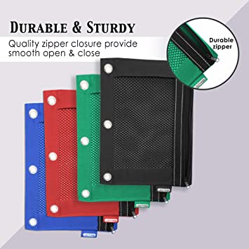 Photo 1 of BAZIC Pencil Pouch 3 Ring Binder Pouch w/Rivet Enforced Rings Holes, Assorted Color Mesh Window Zipper Pouches, 4-Pack
