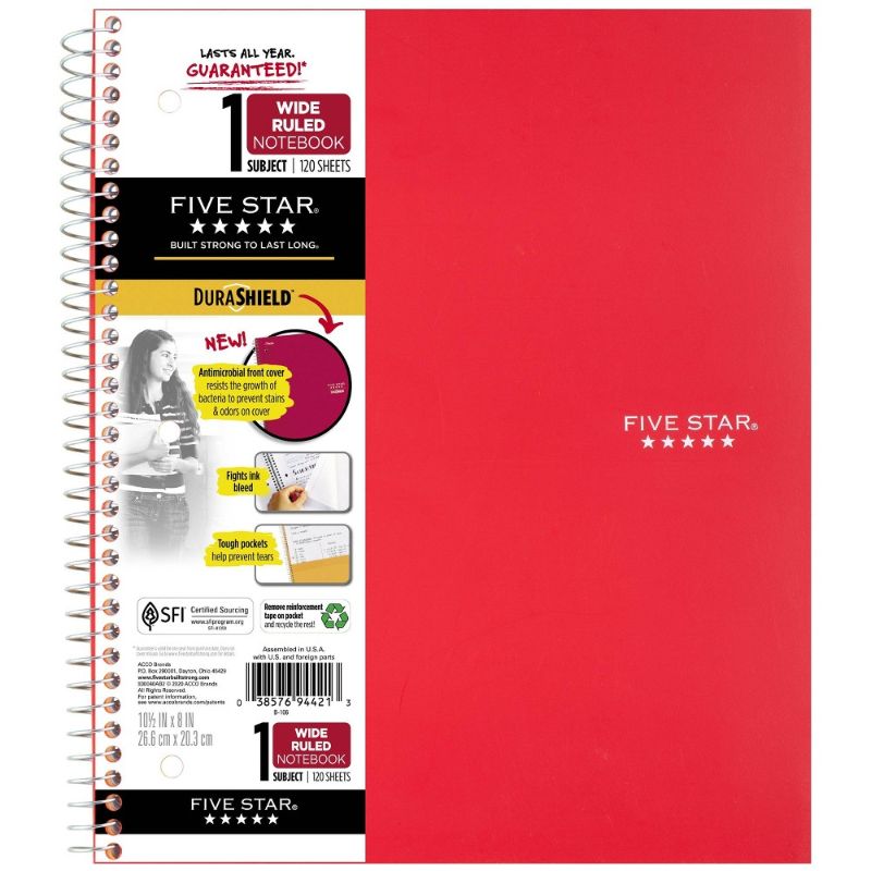 Photo 1 of Spiral Notebook 1 Subject Wide Ruled Anti-Microbial Red - Five Star
QTY 12