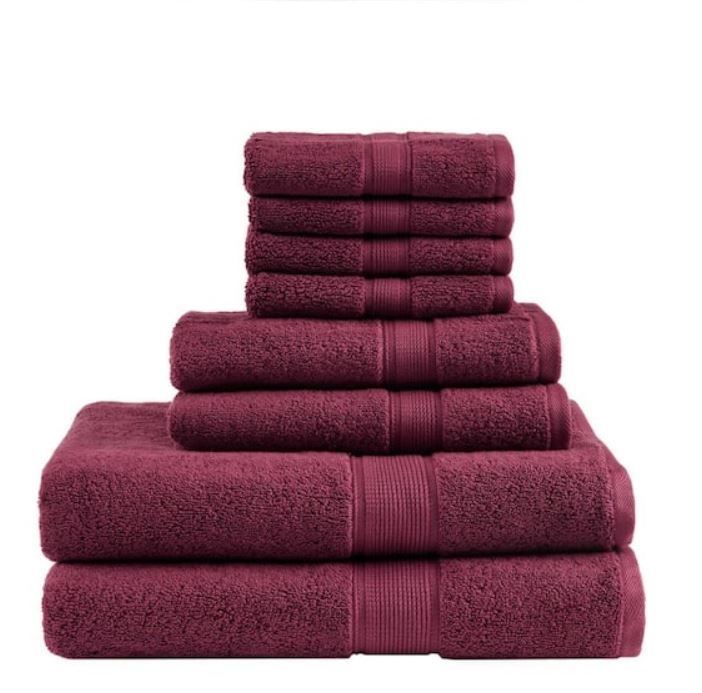 Photo 1 of 8-Piece Burgundy 100% Cotton Towel Set. Set includes 2 bath towels, 4 washcloths, and 2 hand towels.