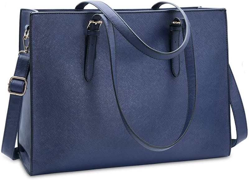 Photo 1 of Laptop Bag for Women Waterproof Lightweight Leather 15.6 Inch Computer Tote Bag Business Office Briefcase Large Capacity Handbag Shoulder Bag Professional Office Work Bag Blue
