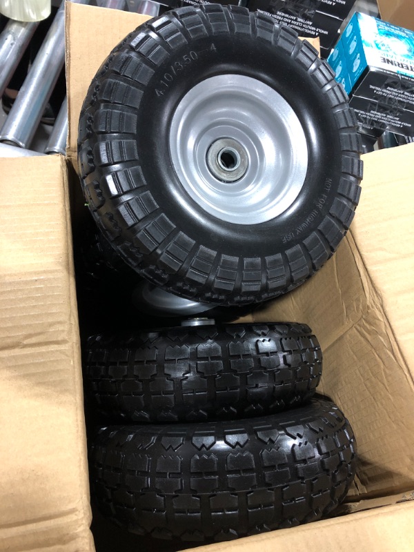 Photo 2 of 4 Pcs 10" Flat Free Tires Solid Non-inflated Tires Wheels, 4.10/3.50-4 Tire with 5/8 Ball Bearings, 2.24" Offset Hub for Wheelbarrow, Garden Wagon Carts, Trolley, Hand Truck, Various Tool Carts
