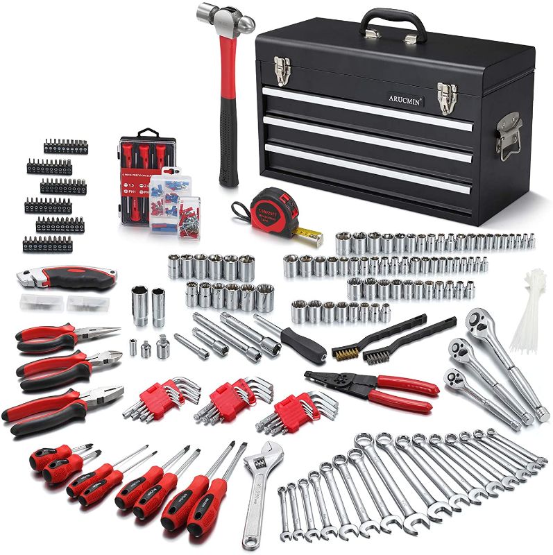 Photo 1 of ARUCMIN 438-Piece Mechanics Tool Set with 3-Drawer Heavy Duty Metal Box Repair Tool Kit