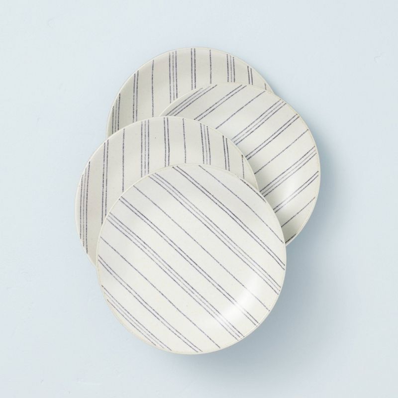 Photo 1 of 4pk Distressed Stripe Stoneware Appetizer Plate Set Blue/Sour Cream - Hearth & Hand™ with Magnolia