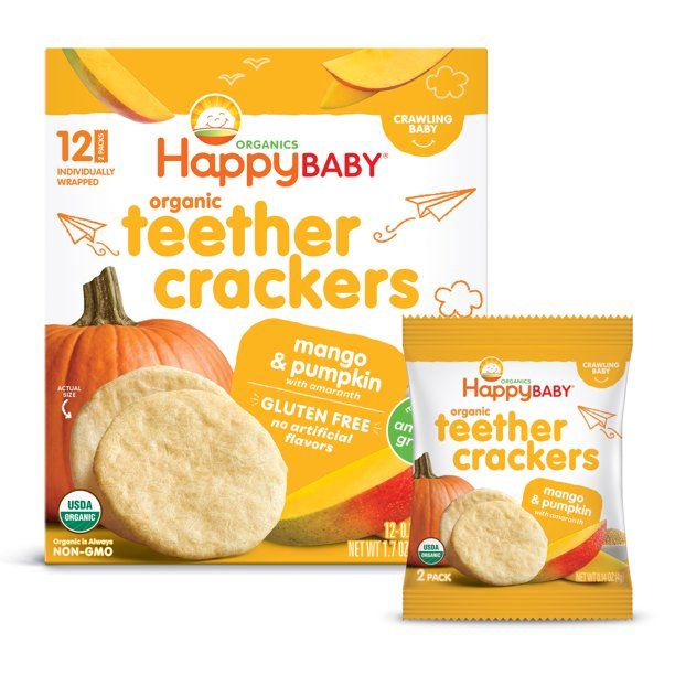 Photo 1 of [2 Packs] Happy Baby Organics Mango & Pumpkin Organic Teether Crackers, 0.14 oz, 12 count [EXP 6-10-22]