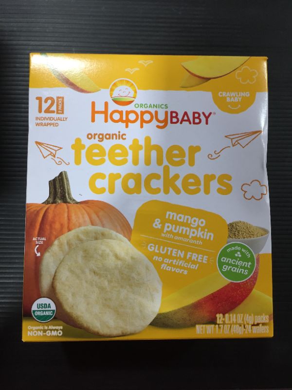 Photo 1 of [2 Packs] Happy Baby Organics Mango & Pumpkin Organic Teether Crackers, 0.14 oz, 12 count [EXP 6-10-22]
