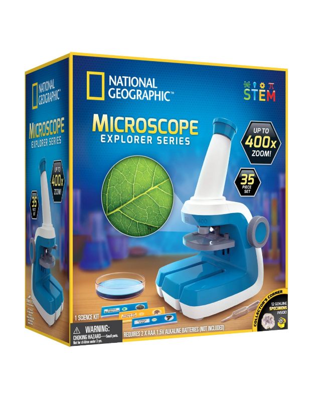 Photo 1 of NATIONAL GEOGRAPHIC Microscope for Kids - STEM Kit with an Easy-to-Use Kids Microscope up to 400x Zoom Blank and Prepared Slides Rock and Mineral S