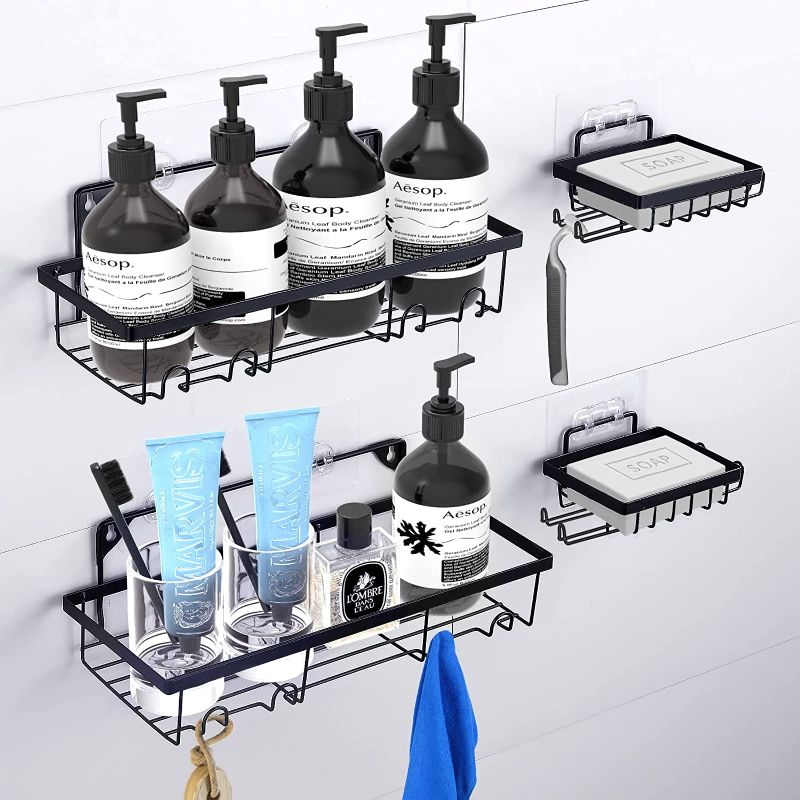 Photo 1 of 4-Pack Shower Caddy Shelf with Soap Holder, No Drilling Traceless Adhesive Shower Wall Mounted Basket Shelves with Hooks, Rustproof Stainless Steel Bathroom Shower Organizer & Kitchen Storage (Black)