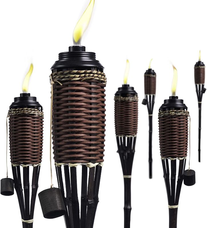 Photo 1 of Backyadda Bamboo Torches; Outdoor Decor Torch; Extra-Large (16oz) Metal Canisters with Fiberglass Wicks for Longer Lasting Burn; Stands 59" Tall; Multiple Styles Available; (Burnt Sienna, 6 Pack)