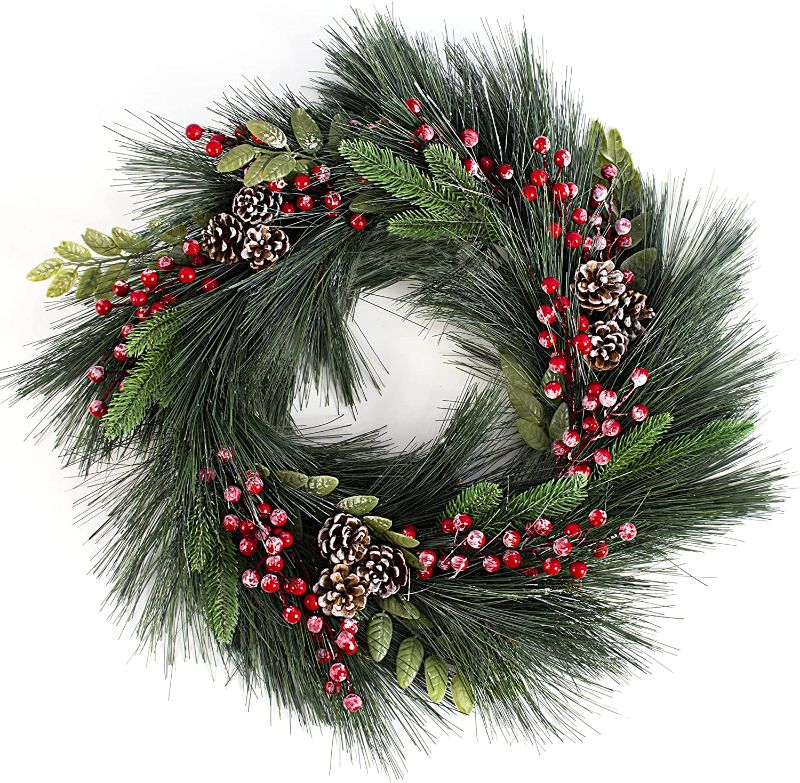 Photo 1 of 23" Artificial Christmas Wreath Festival Celebration Front Door Wall Window Party Decoration Artificial Berries and Pine Cones Home Decor