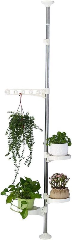 Photo 1 of BAOYOUNI Indoor Plant Tension Pole Flower Display Stands Spring Loaded Flowers Hanging Rack Rod for Windowsill Counter Top, with 4 Adjustable Trays & Arm, Ivory