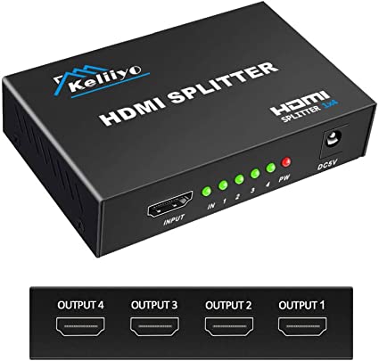 Photo 1 of KELIIYO Hdmi Splitter 1 in 4 Out V1.4b Powered Hdmi Video Splitter with AC Adaptor Duplicate/Mirror Screen Monitor Supports Ultra HD 1080P 2K x4K@30Hz and 3D Resolutions (1 Input to 4 Outputs)
