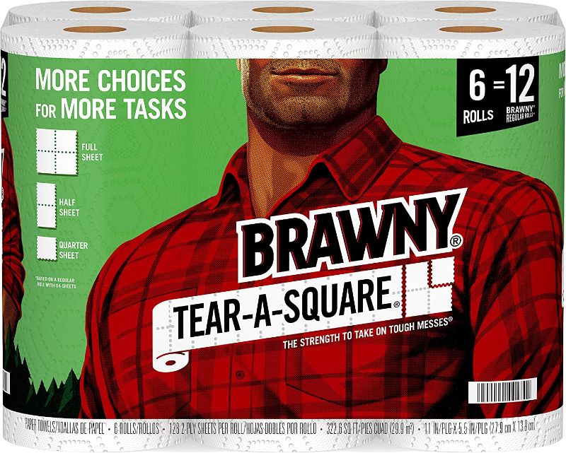 Photo 1 of Brawny Tear-A-Square Paper Towels, 6 Double Rolls = 12 Regular Rolls, 3 Sheet Size Options, Quarter Size Sheets
