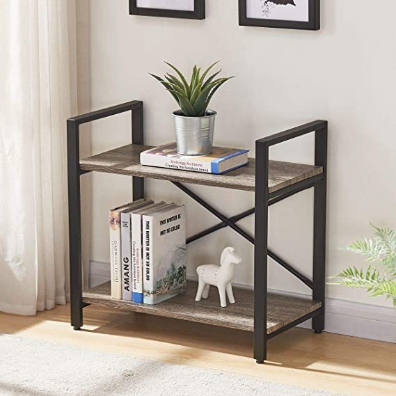 Photo 1 of BON AUGURE Small Bookshelf for Small Space, 2 Shelf Low Metal Bookcase, Industrial Shelving Unit with Short Shelves (Dark Gray Oak)
